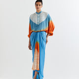ORANGE-BLUE T.SHAPE SHIBORI SHIRT WITH SHIBORI SKIRT