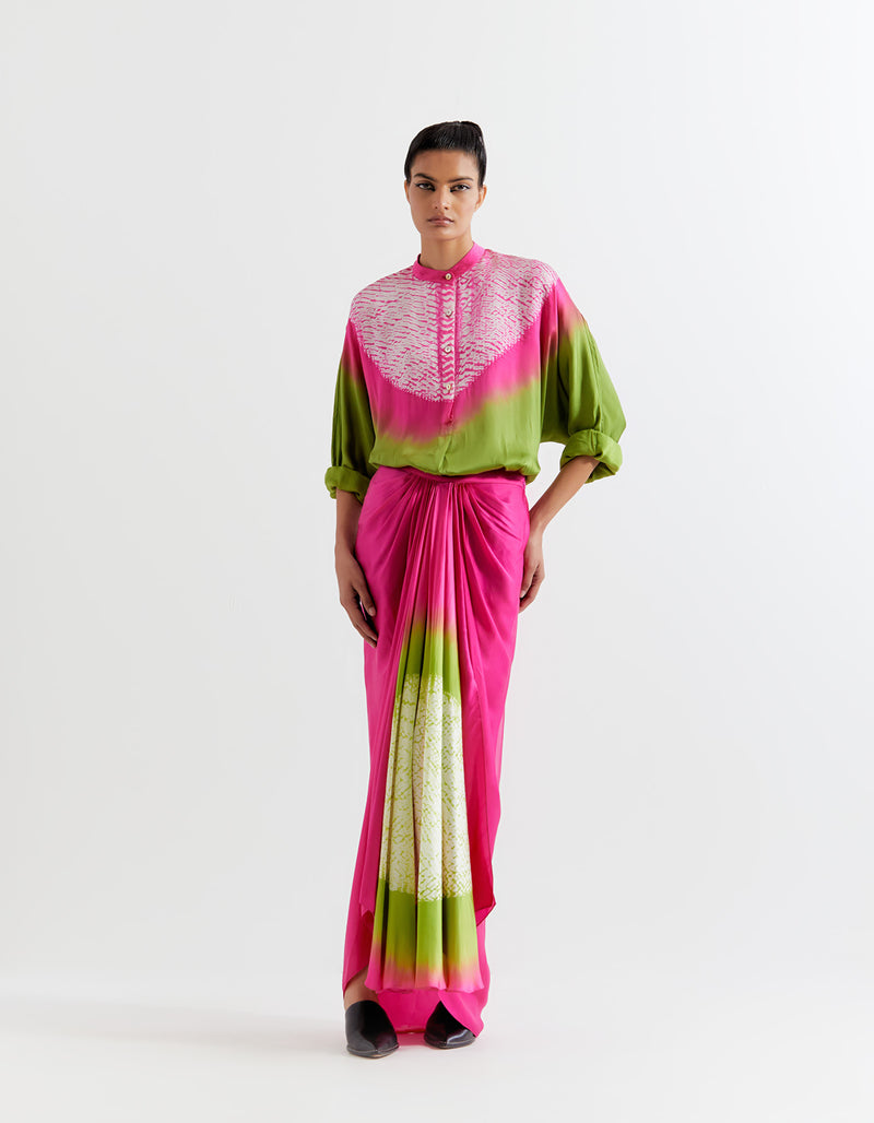 GREEN-PINK T.SHAPE SHIBORI SHIRT WITH SHIBORI SKIRT