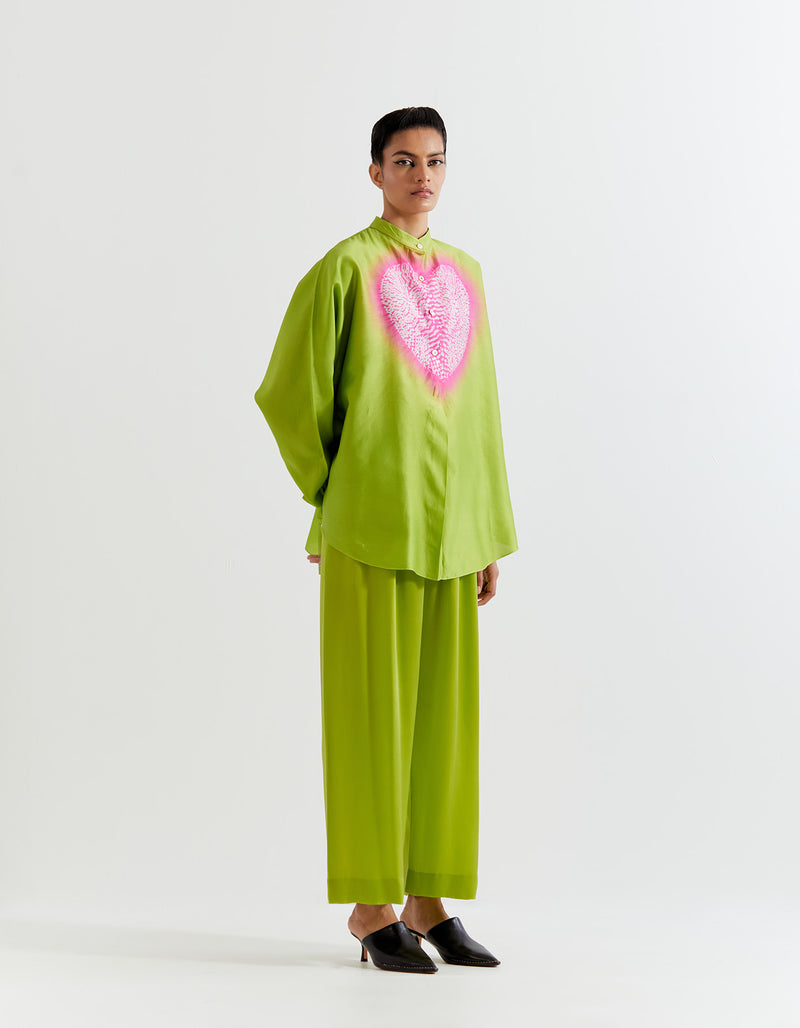 GREEN-PINK HEART SHAPE SHIBORI SHIRT WITH PANTS