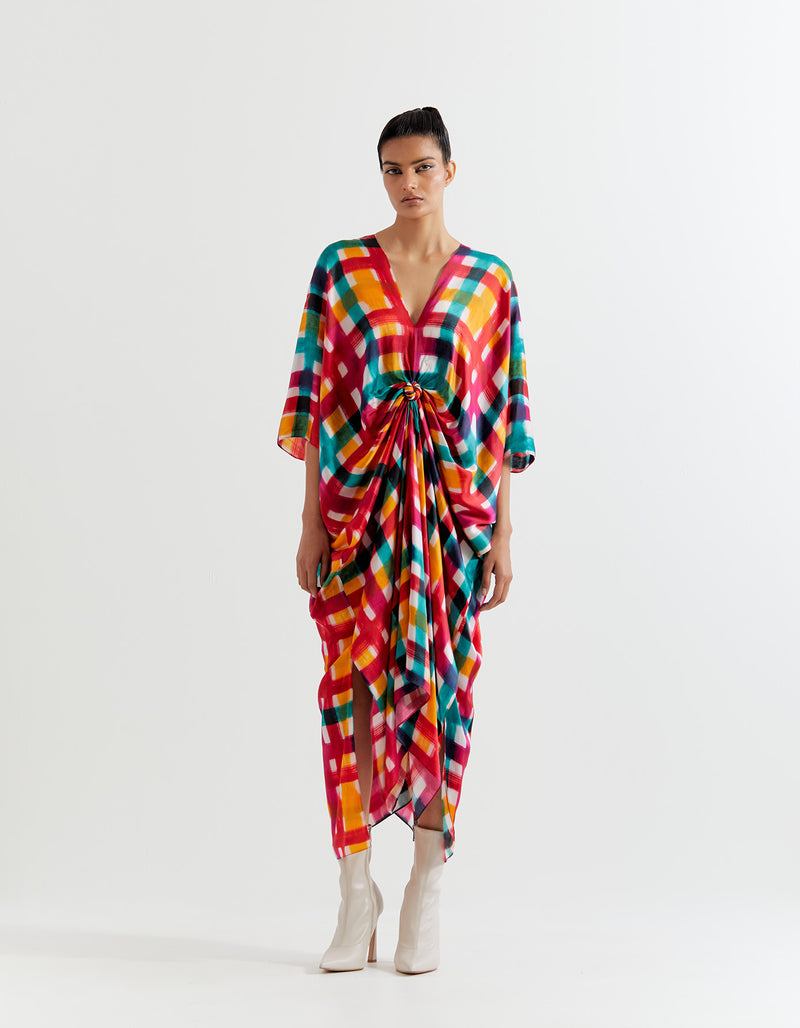 MULTI PLAID KNOT KAFTAN