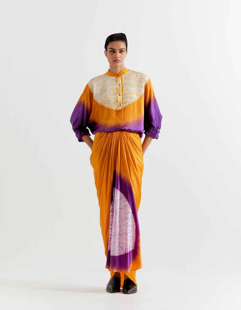 PURPLE-SAFFRON  T.SHAPE SHIBORI SHIRT WITH SHIBORI SKIRT