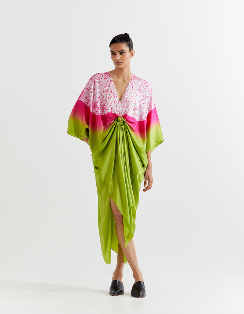 GREEN-PINK SHIBORI KNOT KAFTAN