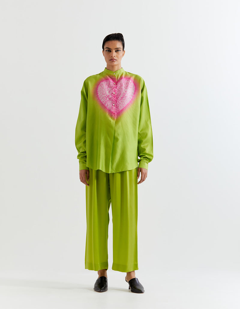 GREEN-PINK HEART SHAPE SHIBORI SHIRT WITH PANTS