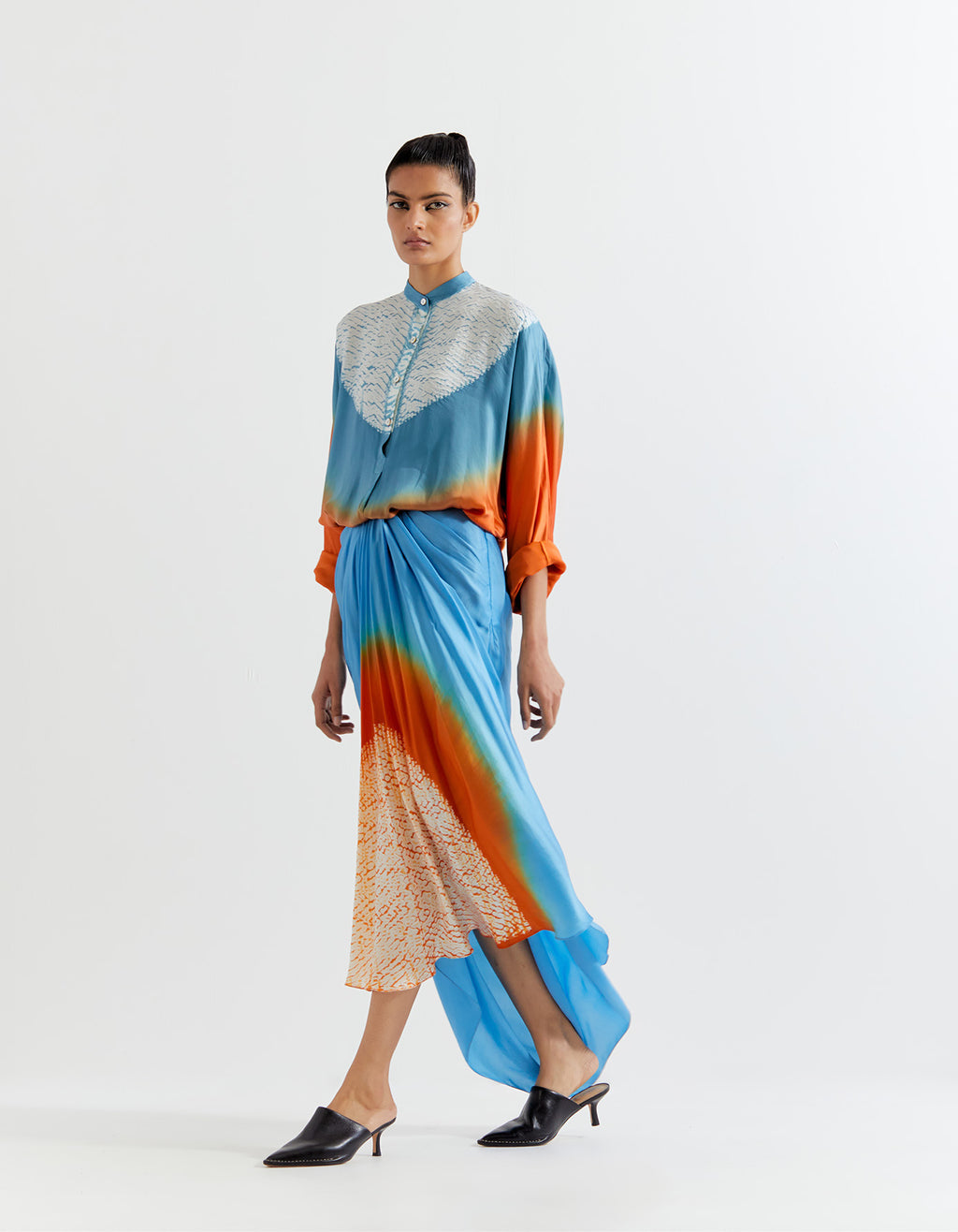 ORANGE-BLUE T.SHAPE SHIBORI SHIRT WITH SHIBORI SKIRT