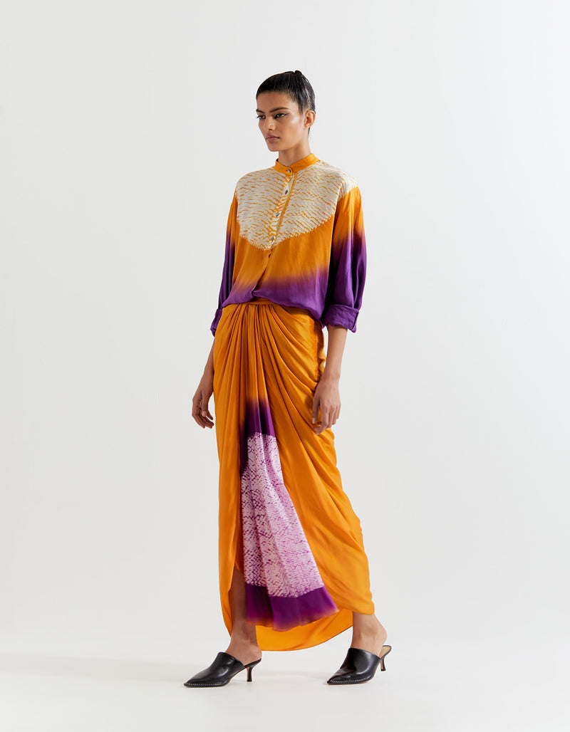 PURPLE-SAFFRON  T.SHAPE SHIBORI SHIRT WITH SHIBORI SKIRT