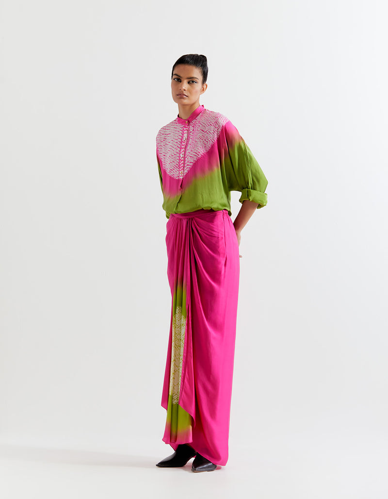 GREEN-PINK T.SHAPE SHIBORI SHIRT