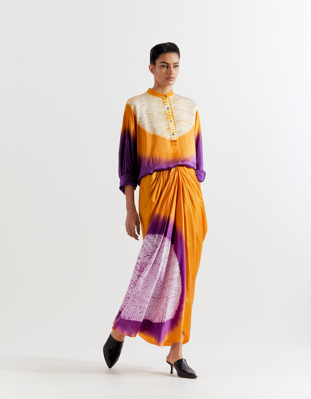 PURPLE-SAFFRON  T.SHAPE SHIBORI SHIRT WITH SHIBORI SKIRT