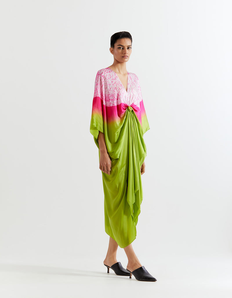 GREEN-PINK SHIBORI KNOT KAFTAN