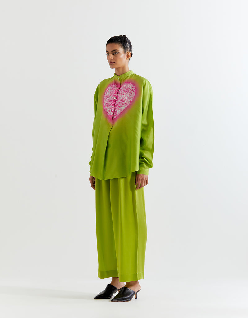 GREEN-PINK HEART SHAPE SHIBORI SHIRT WITH PANTS