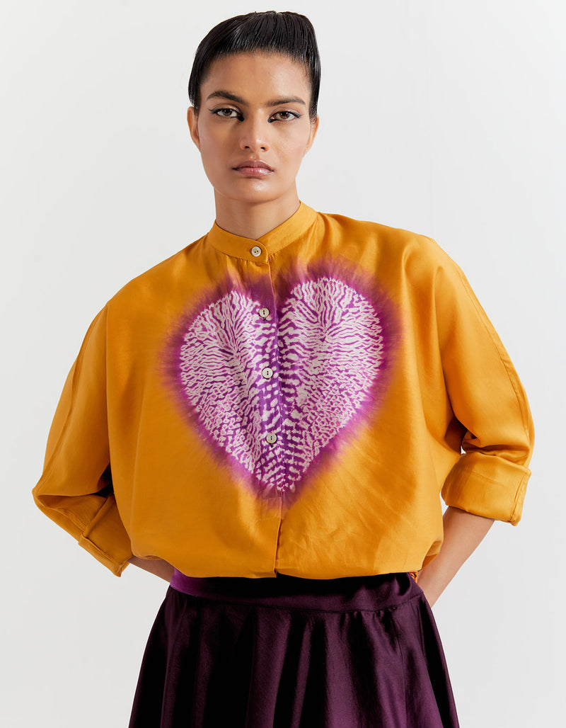 SAFFRON-PURPLE HEART SHAPE SHIBORI SHIRT WITH OMBRE SKIRT