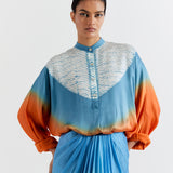 ORANGE-BLUE T.SHAPE SHIBORI SHIRT WITH SHIBORI SKIRT