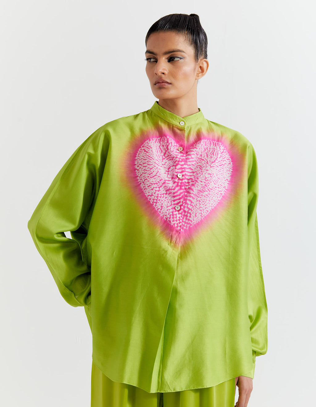 GREEN-PINK HEART SHAPE SHIBORI SHIRT WITH PANTS