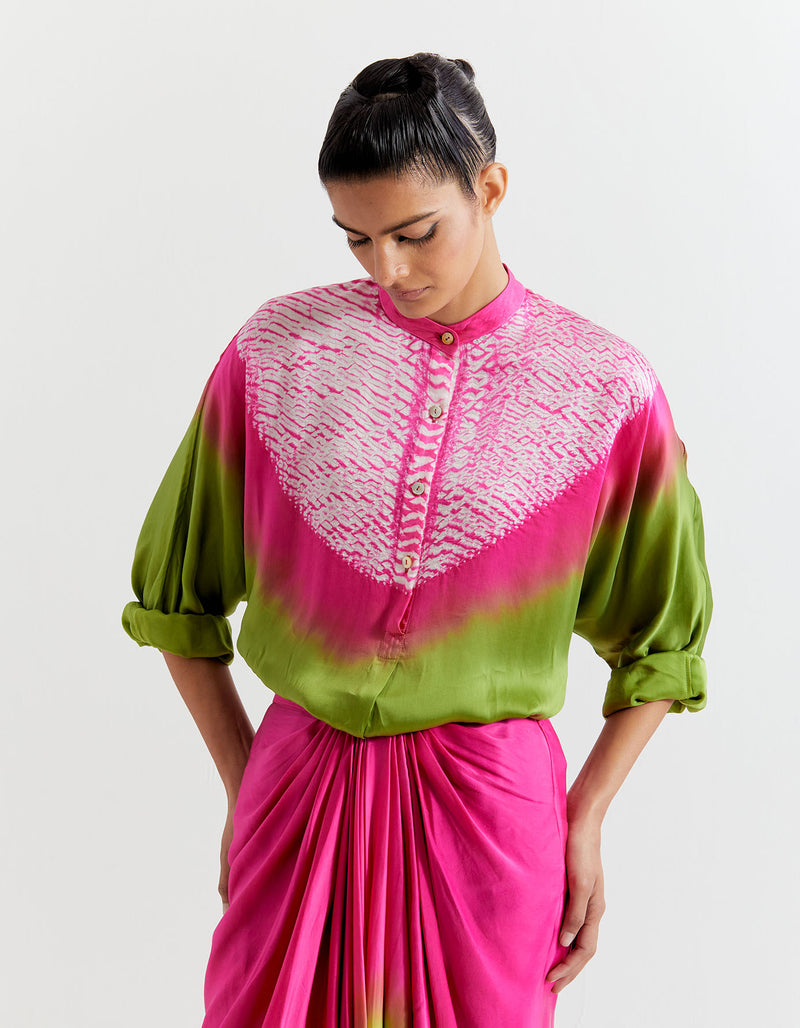 GREEN-PINK T.SHAPE SHIBORI SHIRT