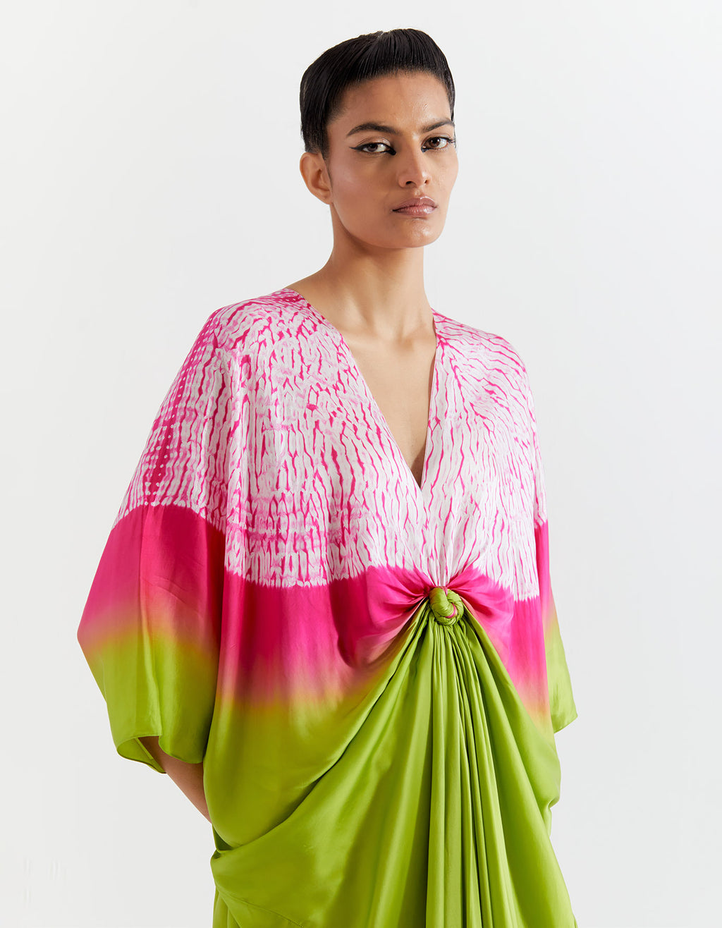 GREEN-PINK SHIBORI KNOT KAFTAN