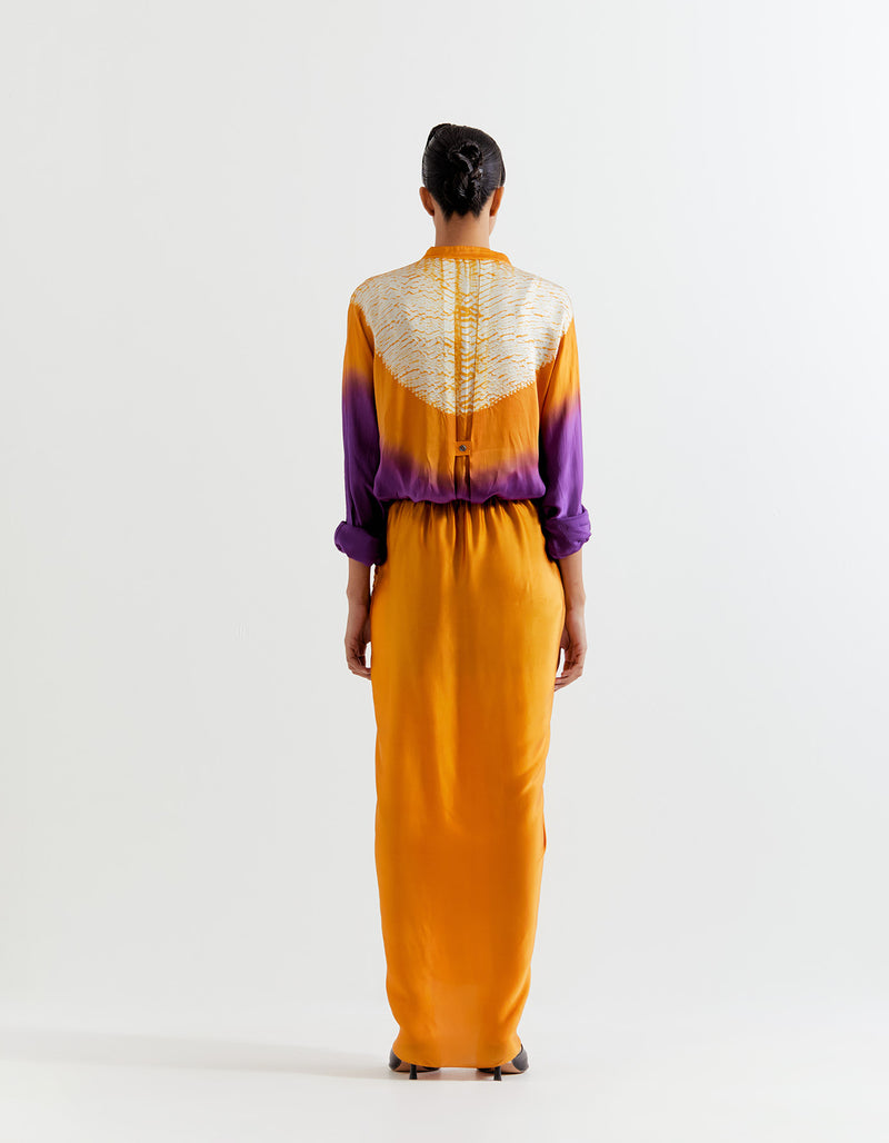 PURPLE-SAFFRON  T.SHAPE SHIBORI SHIRT WITH SHIBORI SKIRT